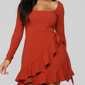 FN Rust Faux Wrap Ruffle Mini Dress sz S